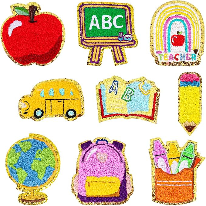9Pcs Back to School Chenille Patches School Bus Bag Book Pencil Transfer Iron Patch Cute Embroide... | Amazon (US)