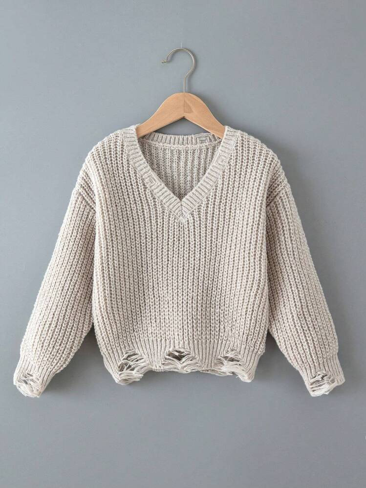 Teen Girl Drop Shoulder Distressed Hem Sweater | SHEIN