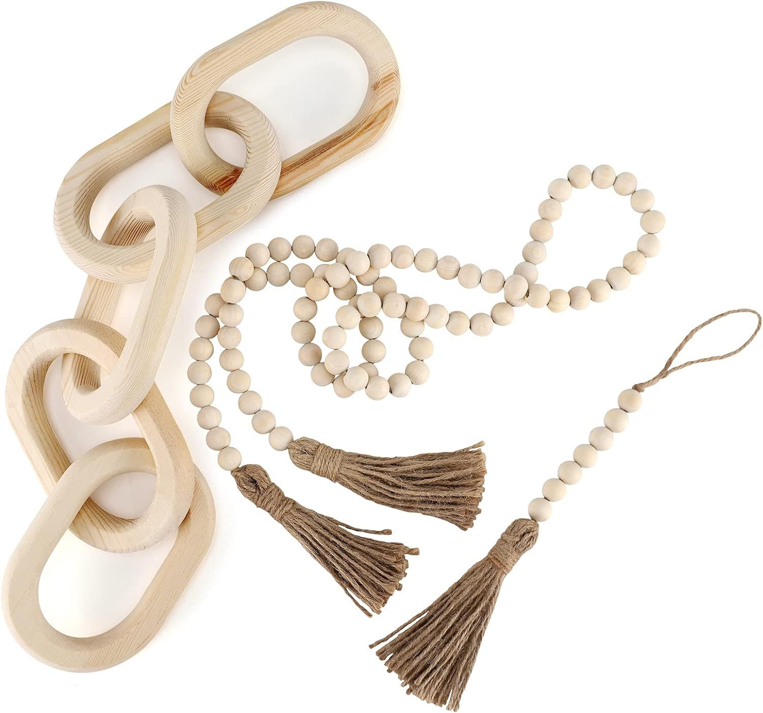 Decorative Wood Chain Link and Bead Garlands Set, 22in Hand Carved Natural Pine Wood Chain of 5 L... | Amazon (US)