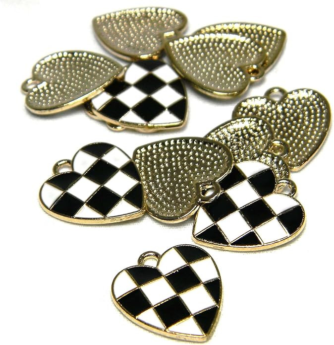 12 Black & White Checkered Racing Flag Heart Shaped Gold & Enamel Race Finish Golden Metal Charms | Amazon (US)
