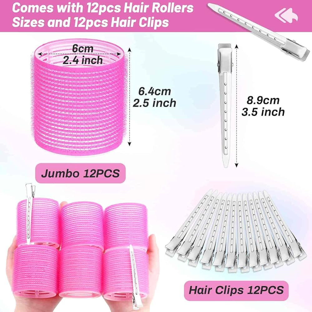 Jumbo Hair Curlers Rollers,24PcsSet with 12 Hair Curlers Self Grip Holding Rollers and 12 Stainle... | Amazon (US)