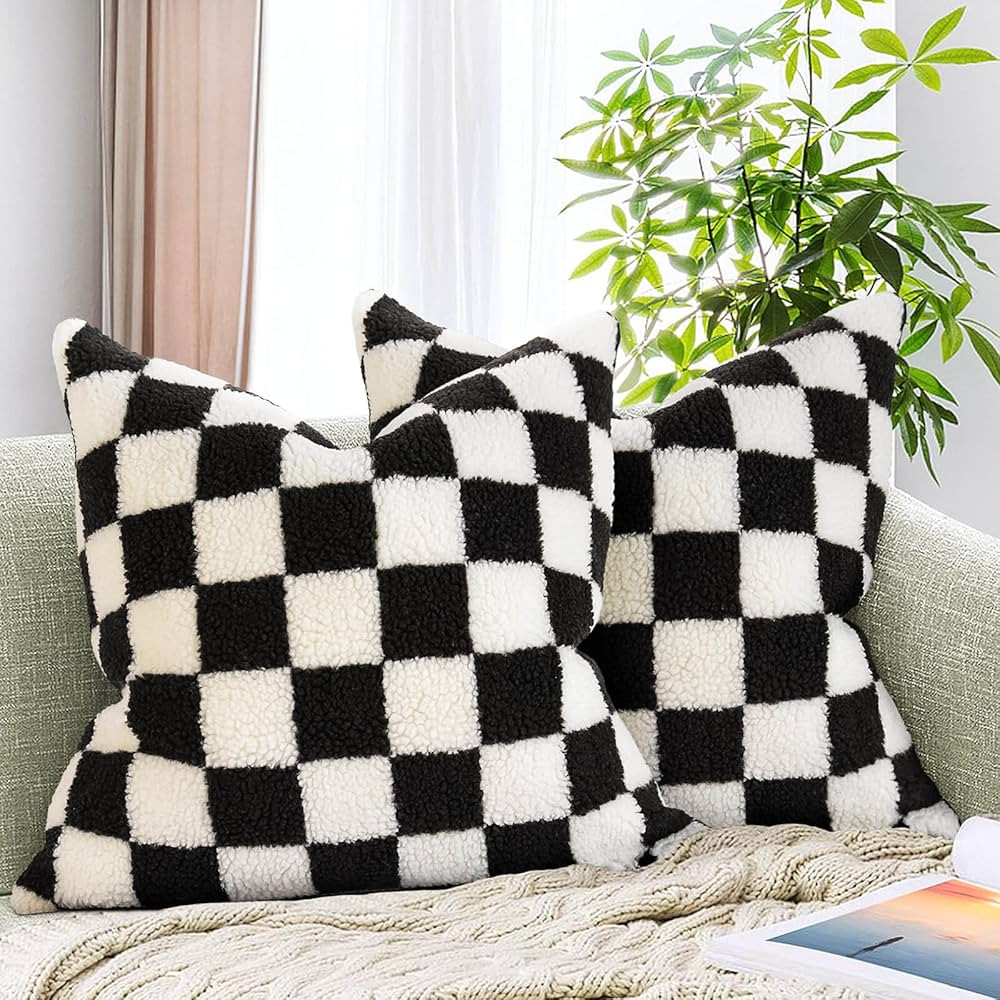 AmHoo Pack of 2 Decorative Throw Pillow Covers Checkerboard Luxury Super Soft Faux Fur Wool Set C... | Amazon (US)
