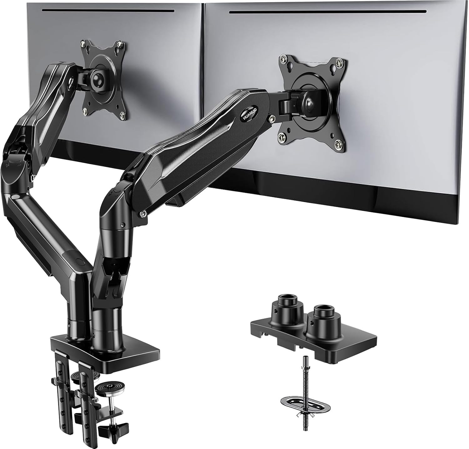 HUANUO FlowLift™ Dual Monitor Stand, Fully Adjustable Gaming Monitor Desk Mount for 13–32″ Computer Screens, Full Motion VESA 75x75/100x100 with C-Clamp & Grommet Base, Each Arm Holds 4.4 to 19.8 lbs | Amazon (US)
