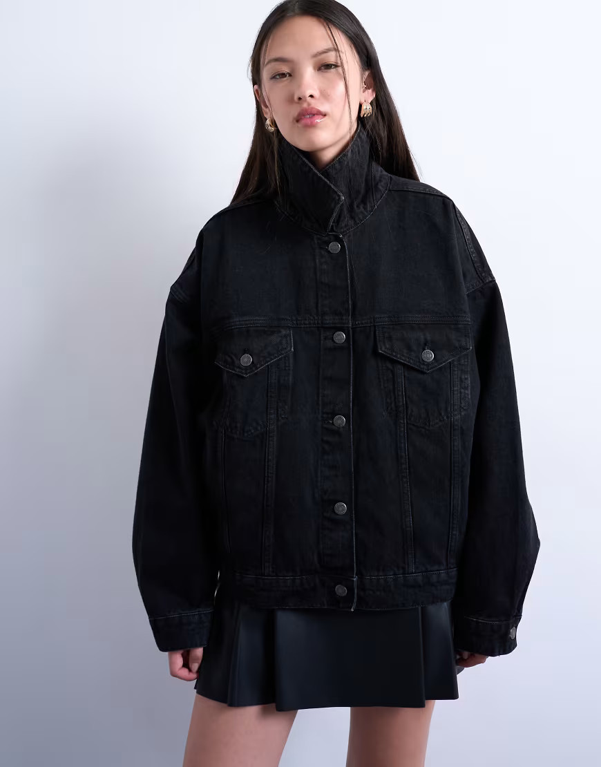 Topshop denim balloon sleeve oversized jacket in washed black | ASOS (Global)