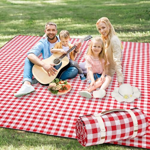 G GOOD GAIN Picnic Blankets Outdoor Extra Large - 80"x80" Portable Waterproof Picnic Blanket, Machine Washable 3-Layer Foldable Park Mat with Sandproof Backing for Grass, Hiking, Travel (Red) | Amazon (US)