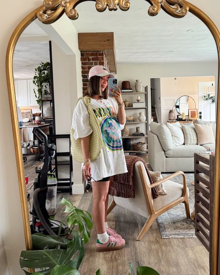 Todays outfit 🌸 This Nirvana tee is my current fave!!! I have the largest size. It’s so comfy and oversized 🩷🩷 linked the whole look here! 

Urban outfitters, nirvana, biker shorts outfit, bump style, LTK bump, Anthropologie, woven bag, shoulder bag, Amazon sunglasses 

#LTKSeasonal #LTKfindsunder100 #LTKbump