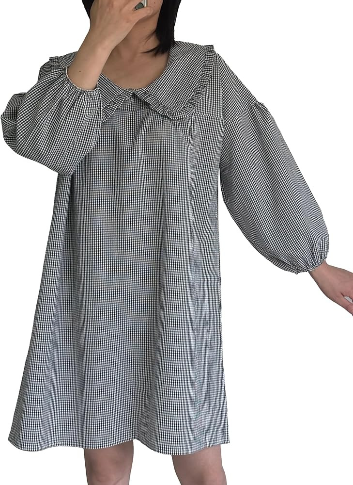 2025 Women's Babydoll 3/4 Puff Sleeve Plaid Mini Dress Lapel Doll Collar Loose Y2k Dress | Amazon (US)