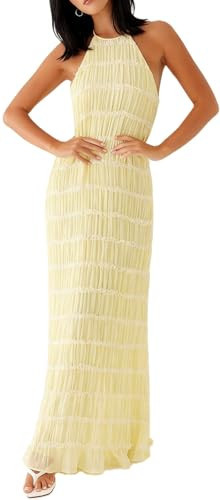 Yiulangde Women's Backless Smocked Maxi Dress Sexy Spaghetti Strap Cut Out Flowy Beach Long Dress Vacation Casual Sundresses Yellow | Amazon (US)