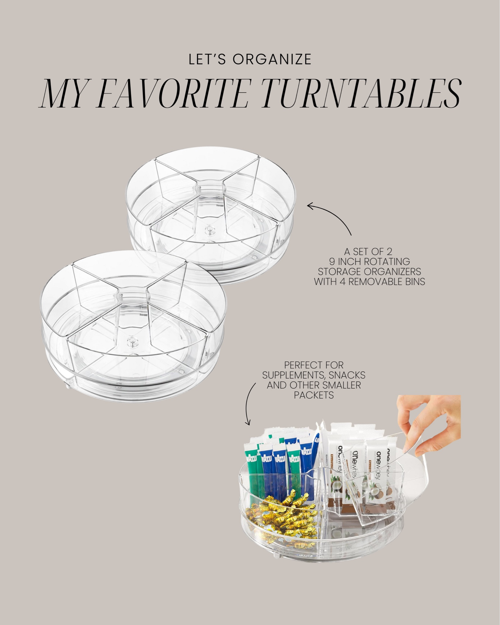 Set of two turntables with four separate sections that are removable. Perfect for anything in individual packets (ie. snacks and supplements) and makeup.

#LTKHome