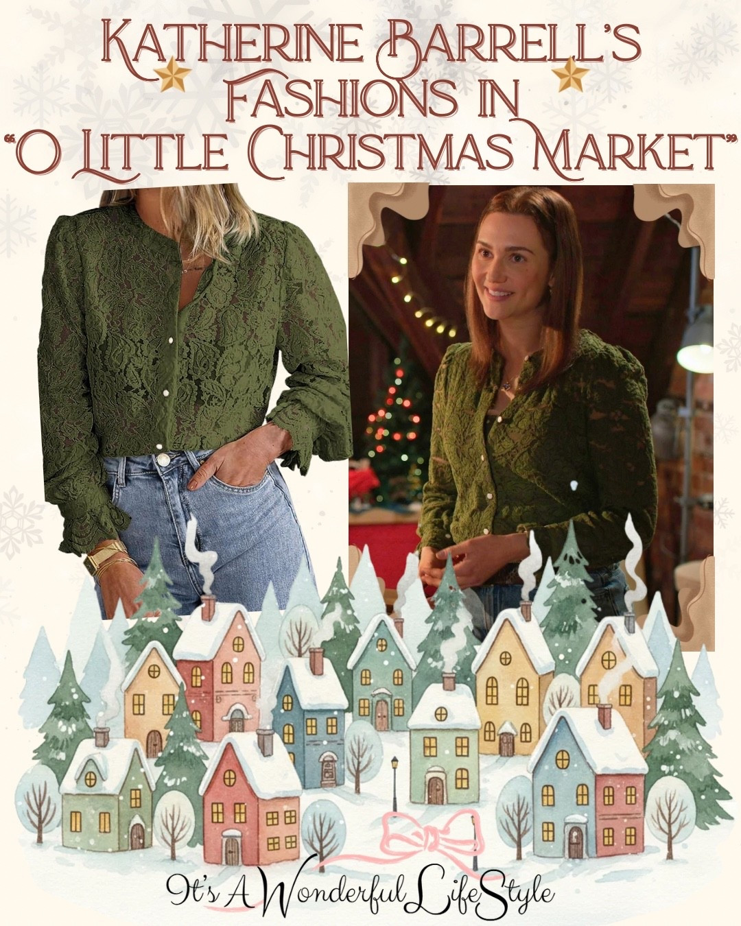💚 Get the look! Katherine Barrell’s beautiful green lace top seen in *O Little Christmas Market* 🎄✨ Such a pretty holiday find! Tap to shop the exact top! 💚