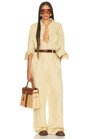 Helsa Paperbag Jumpsuit in Washed Linen in Beige | FWRD 