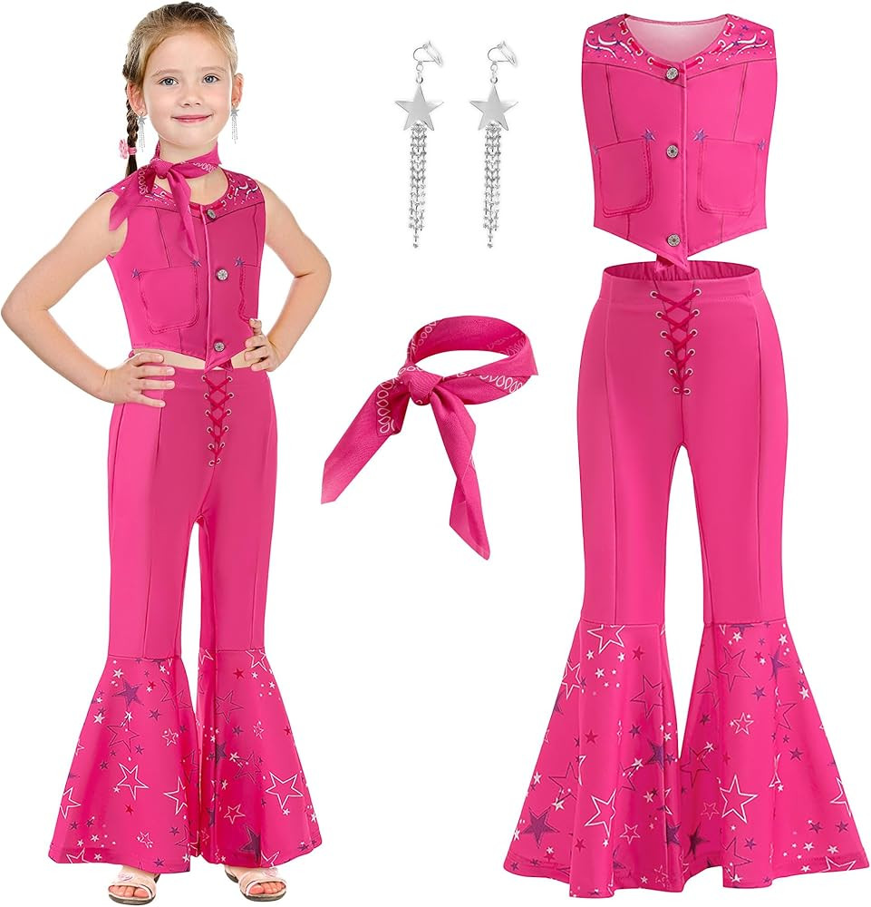 GRIVOS Girls Cowgirl Costume Movie Heroine Cosplay Kids Pink cowgirl outfit gingham dress up Bir... | Amazon (US)