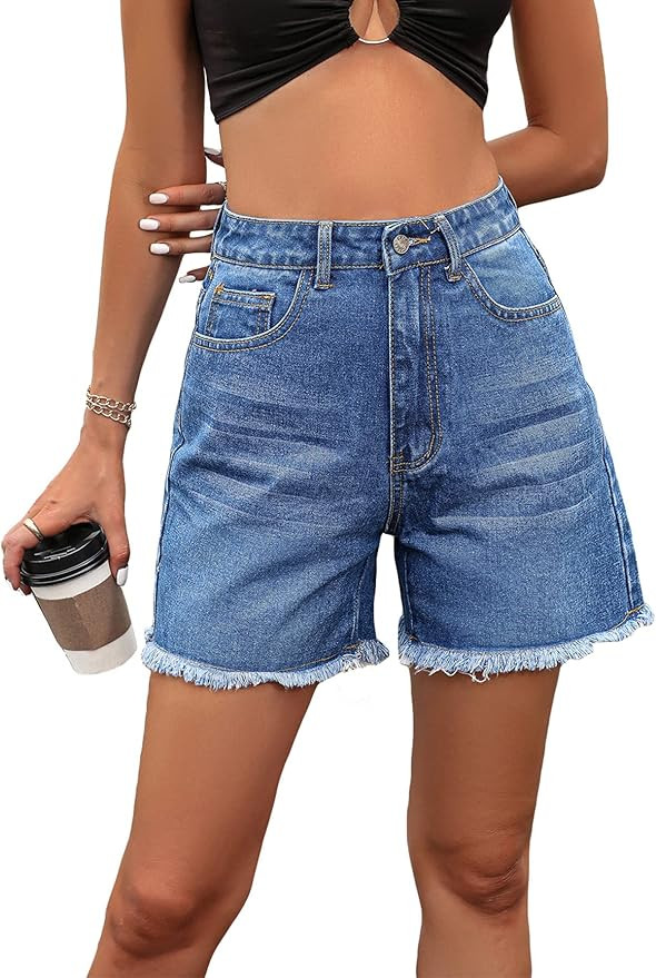 SweatyRocks Women's High Waist Denim Shorts Straight Leg Raw Hem Jean Shorts Summer Hot Pants wit... | Amazon (US)