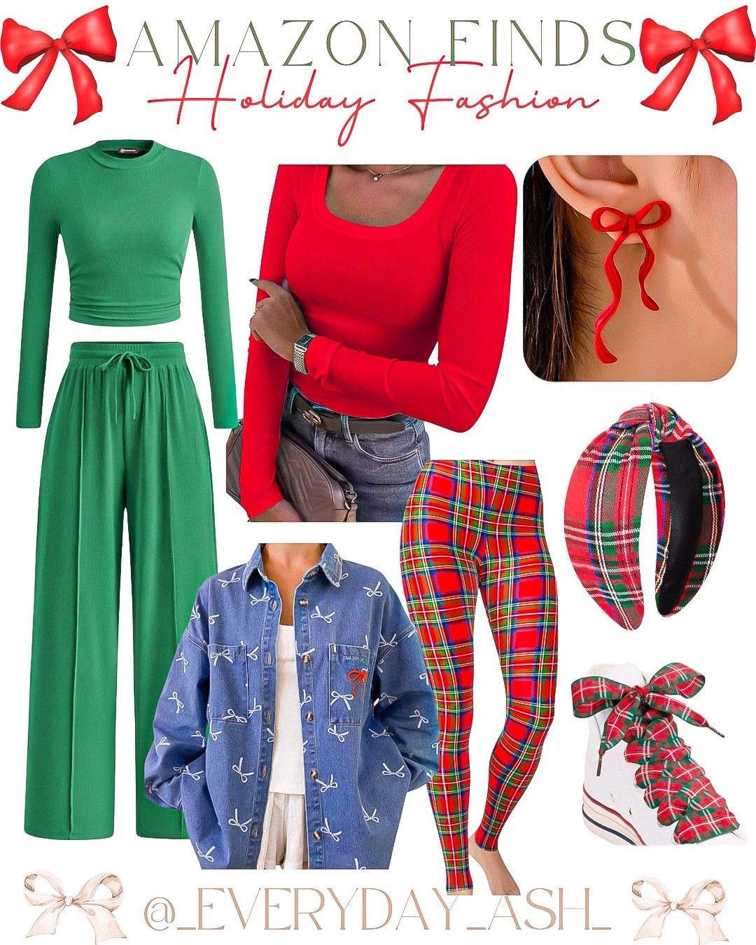 Amazon // Christmas fashion ❤️🎄

Green two piece set, red long sleeve, bow earrings, denim jacket, plaid leggings, plaid headband, shoe laces, white sneakers 

#LTKHoliday #LTKGiftGuide #LTKFindsUnder50
