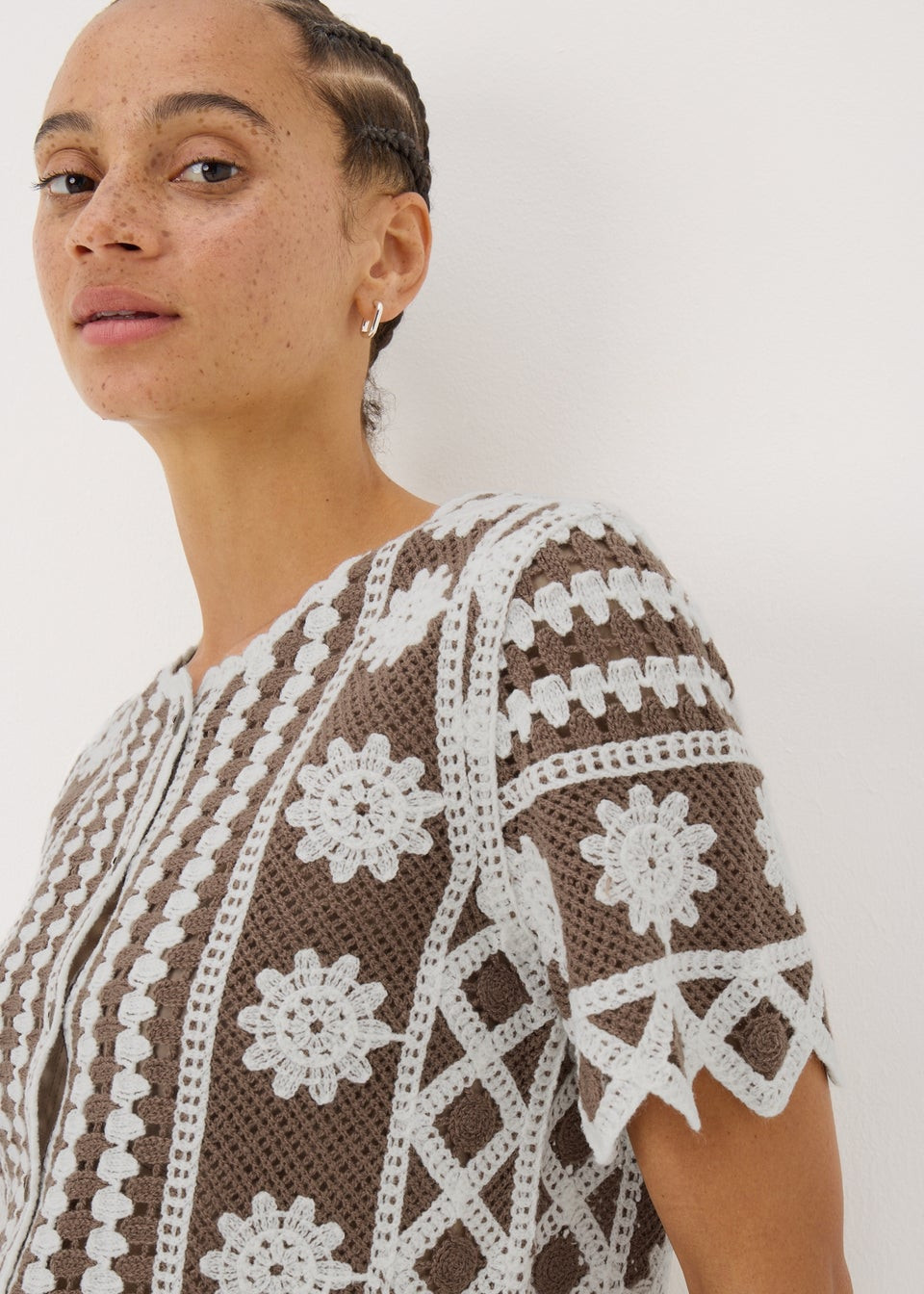 Brown Crochet Pattern Button Up T-Shirt | Matalan (UK)