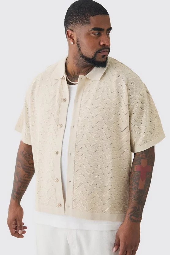 Plus Short Sleeve Boxy Open Stitch Knitted Shirt | boohooMAN (US & Canada)