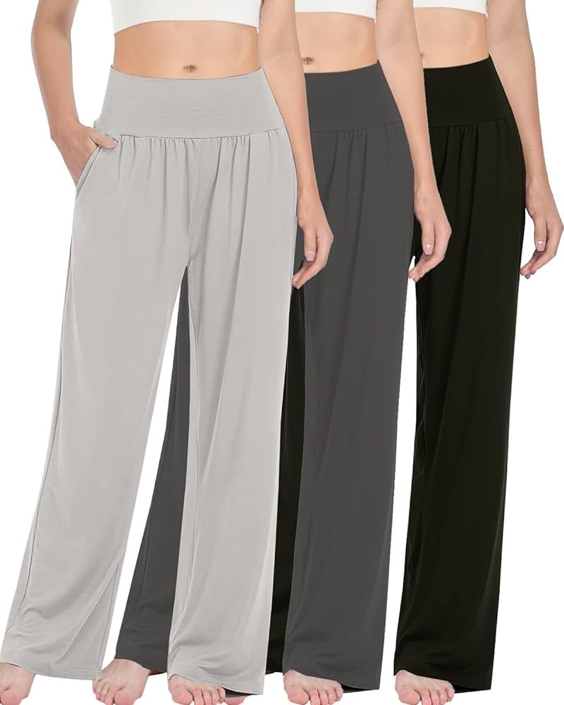 3PACK Women's Casual Loose Wide Leg Cozy Pants Yoga High Waisted Sweatpants Comfy Lounge Pants wi... | Amazon (US)