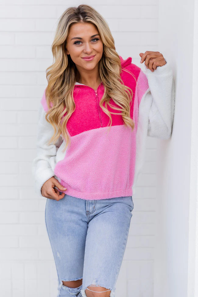 Still Here Waiting Pink Colorblock Sherpa Quarter Zip Pullover | Pink Lily