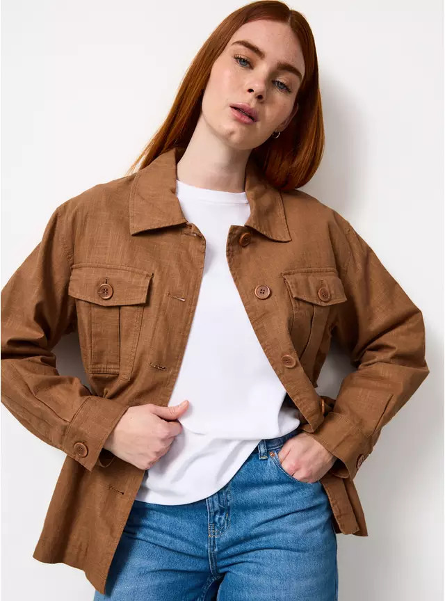 Brown Utility Jacket with Linen L | Tu Clothing