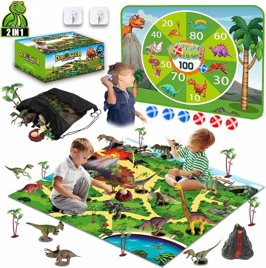 unanscre 2 in 1 Dinosaur Toys for Kids, Activity Play Mat w/Trees and Kids Dart Board, Realistic ... | Amazon (US)