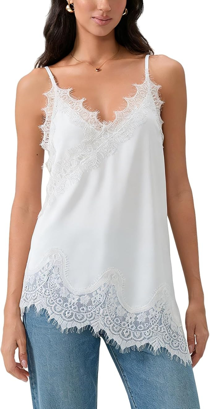Satin Lace Cami Top for Women V Neck Spaghetti Strap Long Camisole Tops Asymmetrical Hem Flowy La... | Amazon (US)
