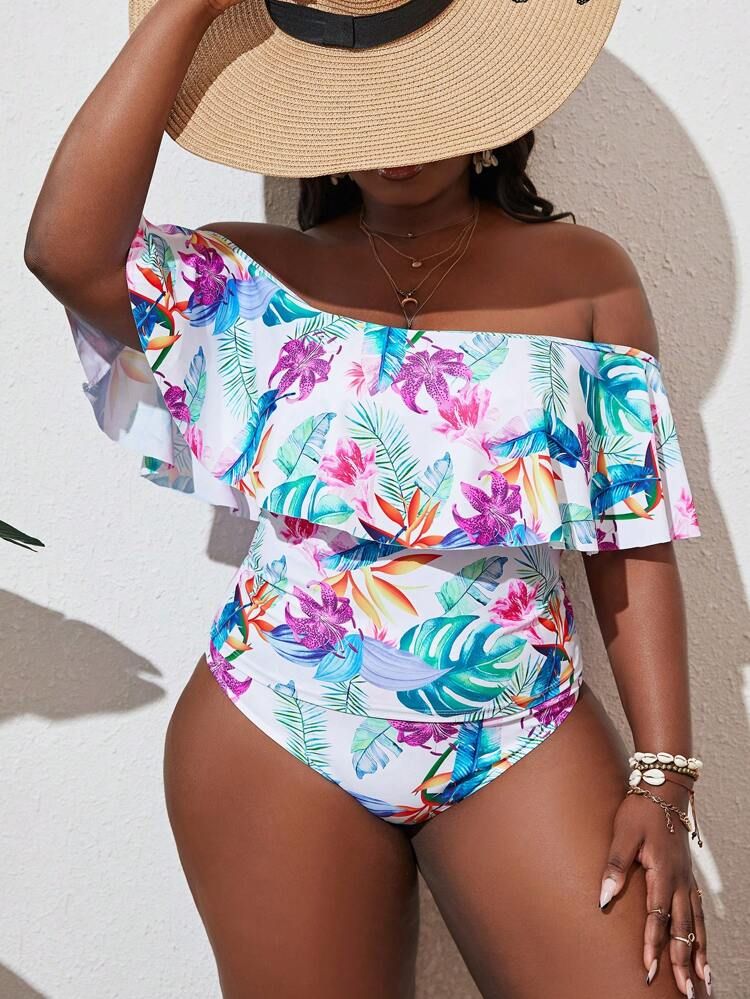 Plus Tropical Print Ruffle Hem Off Shoulder Bikini Swimsuit | SHEIN