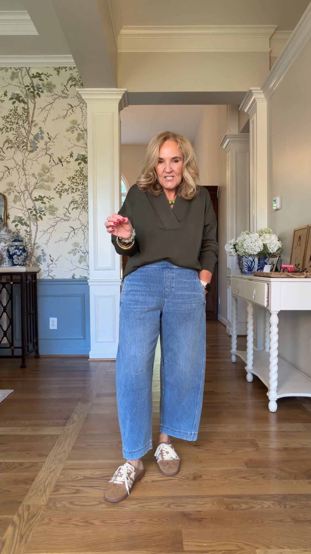 These jeans are so different. Not quite the sweatpant jean but store stretchy. Use code LTK20 for 20% off your full priced spanx order 
I wear a med in tops and dresses med petite in bottoms. I do size up in the wide leg air essentials sometimes.

#LTKOver40 #LTKTravel #LTKWorkwear