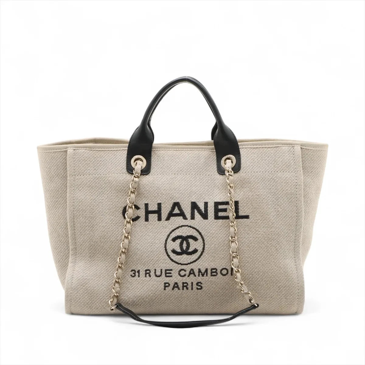 Chanel Deauville GM canvas x leather 2 Way Tote Bag Beige x black Gold Metal Fit | eBay US