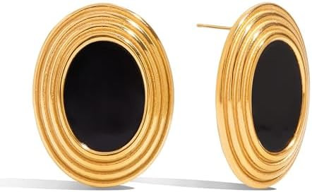 RAUCHBE Big Chunky Gold Earrings for Women Vintage Black Oval Earring Onyx Statement Earrings Tre... | Amazon (US)