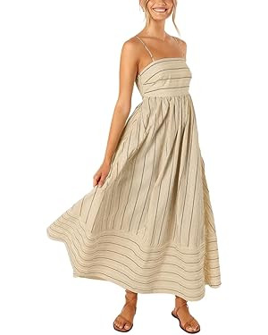 chouyatou Women's Striped Back Smocked Maxi Dress Sexy Spaghetti Strap Cut Out Flowy Swing Long D... | Amazon (US)