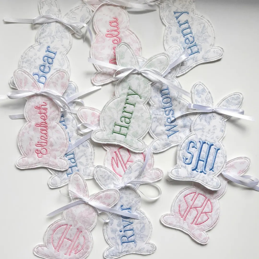 Custom Embroidered Easter Bunny Basket Tag | Monogram or Name Embrodiery | Blue, Pink, or Green T... | Etsy (US)