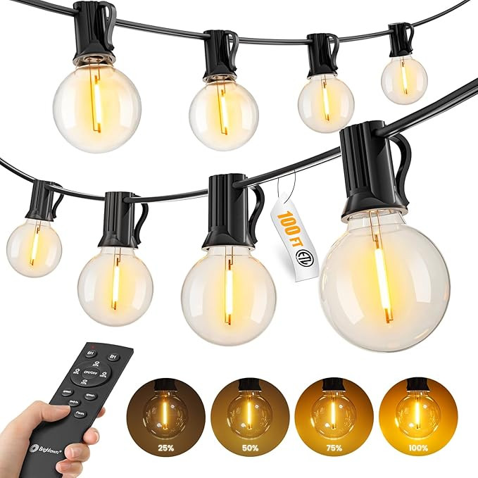 Outdoor String Lights with Remote, 100Ft Outside Waterproof Light with Dimmable G40 LED Bulbs, Sh... | Amazon (US)