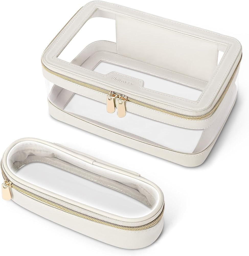 Soimeat Travel Clear Makeup Bag with Makeup Brush Bag, Leather Makeup Case Toiletry Bag, Portable... | Amazon (US)
