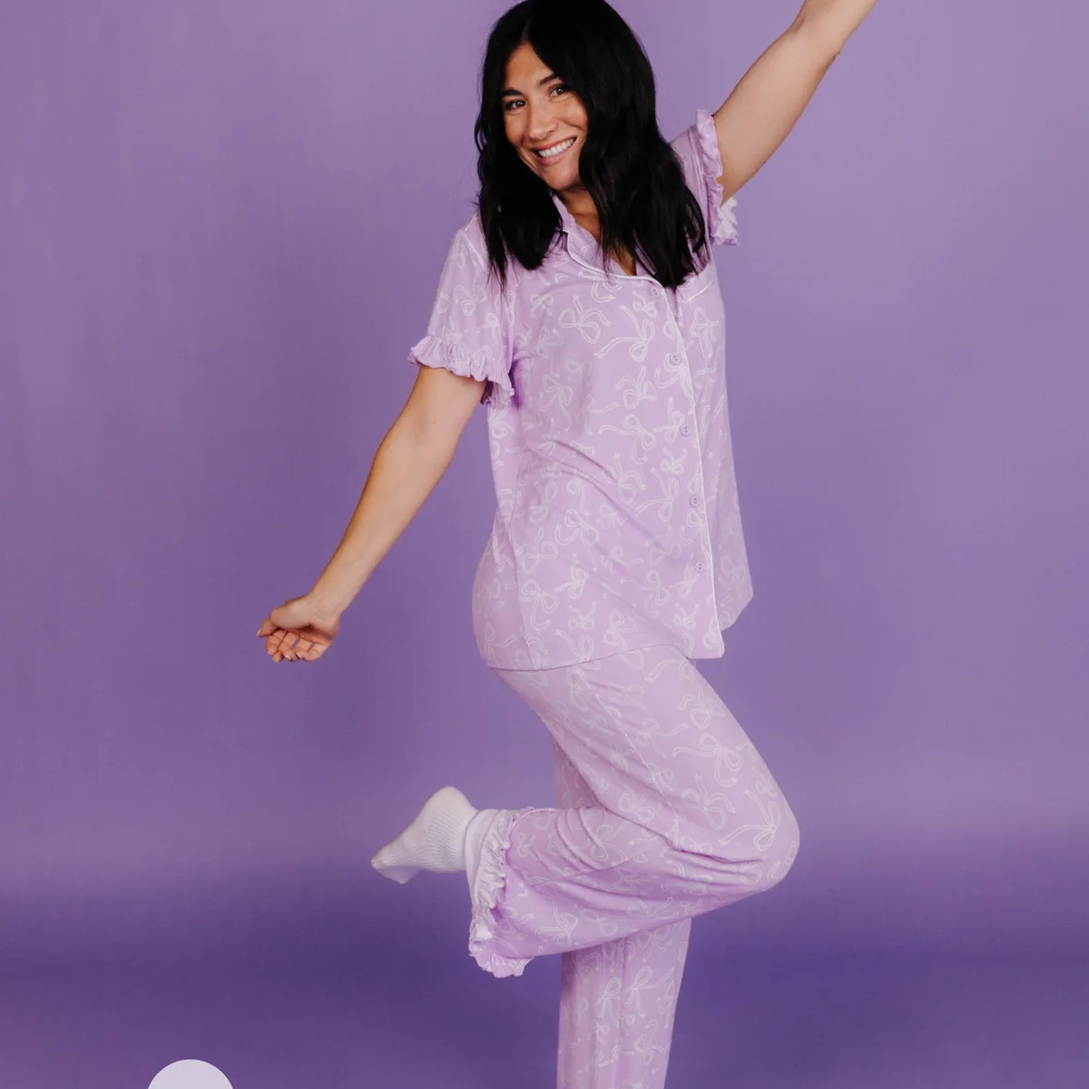 Purple Bow Bamboo Pajama Set with Ruffles | Women’s Cropped PJs | Staykation