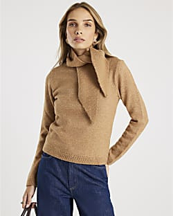 Brown Knitted Neck Tie Jumper | River Island UK & IE