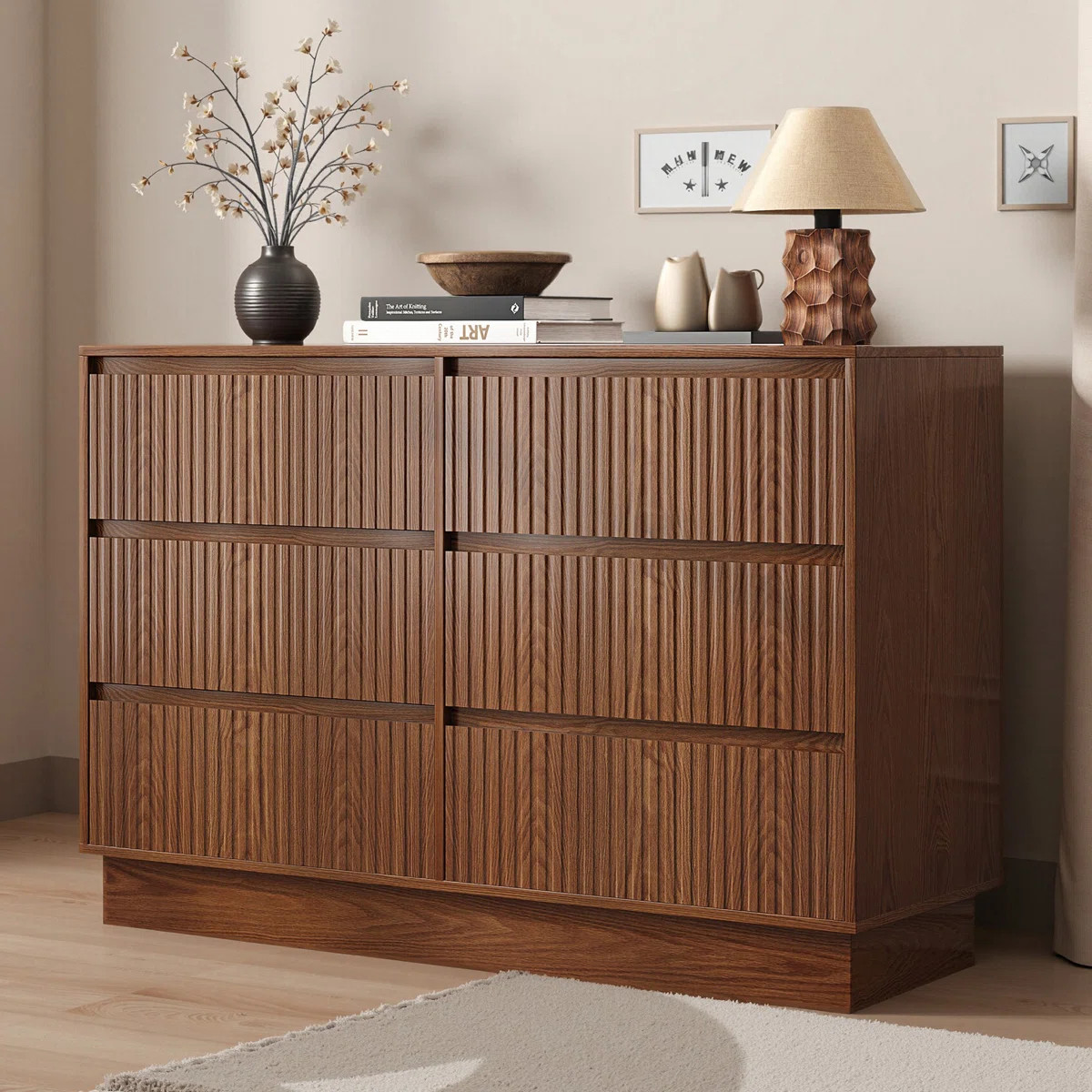 Ebern Designs Mid-Century Modern Fluted 6-Drawer Sideboard, Walnut Finish | Wayfair | Wayfair North America