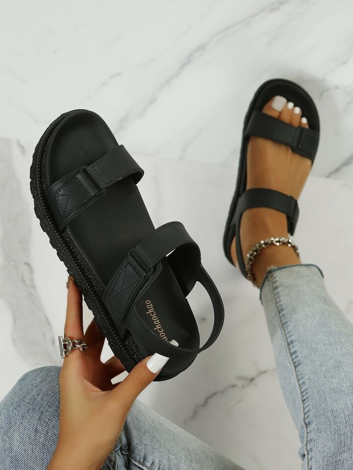 Sporty Black Sandals For Women, Stitch Detail Hook-and-loop Fastener Sport Sandals | SHEIN