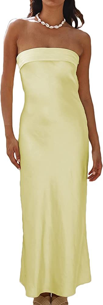 Realtix Satin Silk Backless Tube Tops Maxi Dress for Women Low Back Hollow Out Elegant Strapless Lon | Amazon (US)