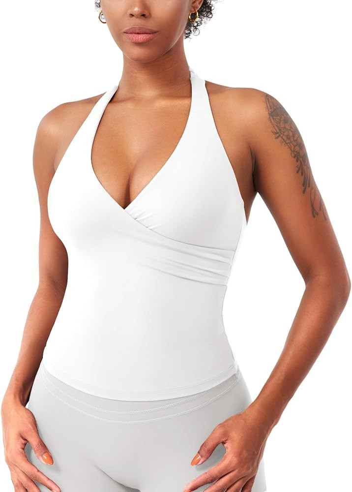 YEOREO Womens Halter Tank Tops Workout Impact Longline Strappy Top Padded Deep V Neck Wrap Gym Ba... | Amazon (US)
