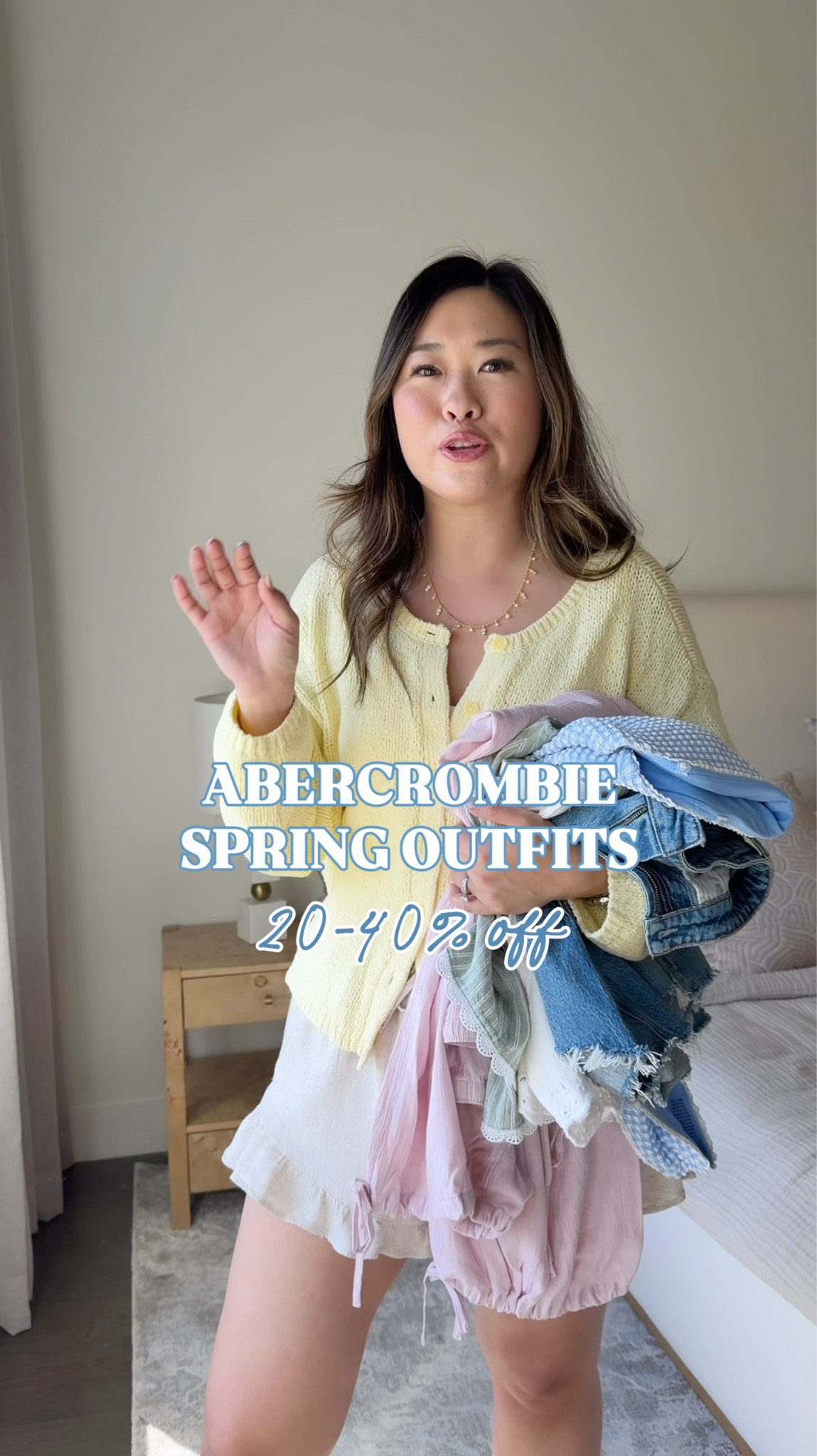 Abercrombie Spring Outfits
Yellow Cardigan: Medium
Ruffle Shorts: Medium
Knit Tank: Medium
Striped Top: Medium
Denim Shorts: 28
Swimsuit: Medium
Coverup: Medium
Dress: Small
Tie Back Top: Medium
Skorts: Medium
Tanks: Medium
Balloon Pants: Small 
