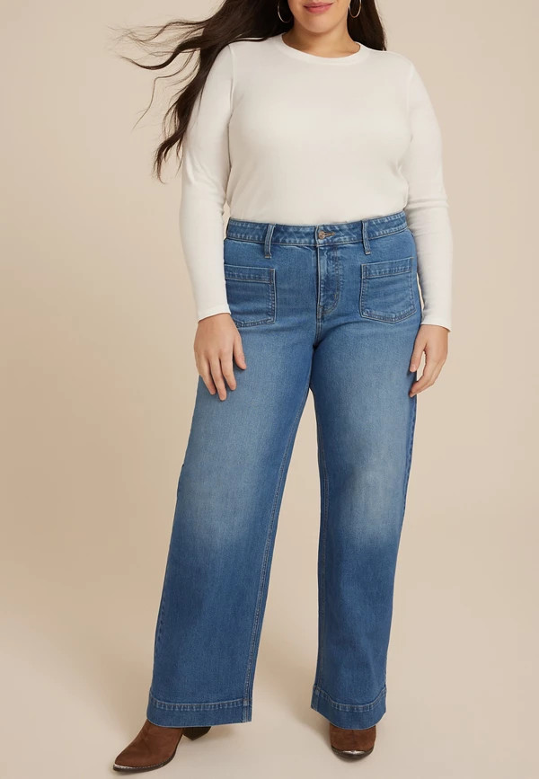Plus Size Patch Pocket High Rise Wide Leg Jean | Maurices