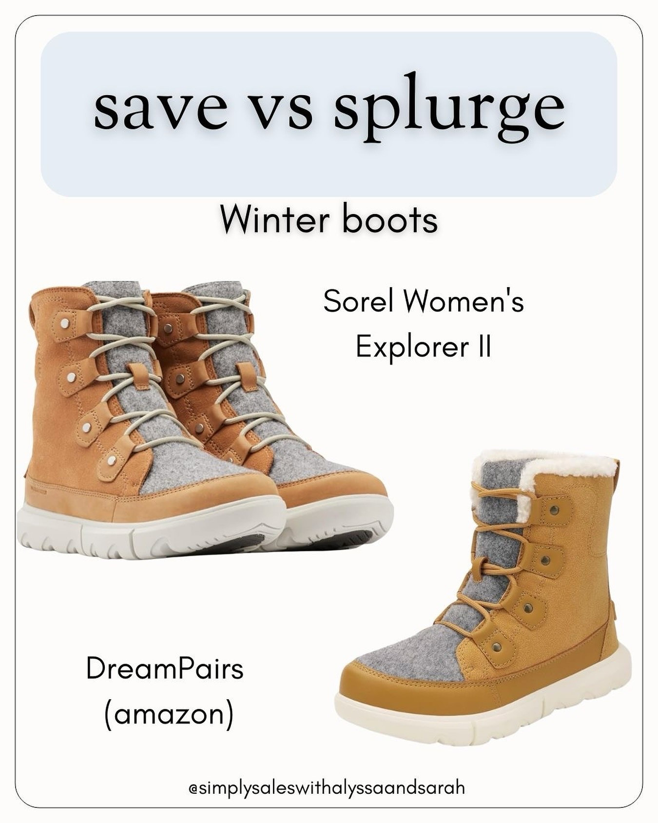 Save vs Splurge 👢
These two give off the same cozy winter vibe — it just depends if you want to invest or save a little.
The Sorel Explorer II has been a long-time favorite of mine — lightweight, waterproof, and so comfy for all-day wear. I usually size up ½–1 size in Sorels, especially if I’m layering with thicker socks.
The Dream Pairs version is such a great lookalike — reviews mention they run true to size or even a little big. They’ve got that same soft lining, flexible sole, and easy-to-style design that’s perfect for school drop-off, errands, or snowy walks.
I’ve linked both styles along with a couple other Sorel options I’m loving this season!
#winterboots #savevssplurge #amazonfinds #simplysaleswithalyssaandsarah #winterstyle #momstyle
#LTKShoeCrush

#LTKGiftGuide #LTKootd #LTKHoliday