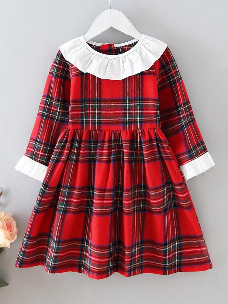 Toddler Girls Tartan Print Flounce Sleeve Smock Dress | SHEIN