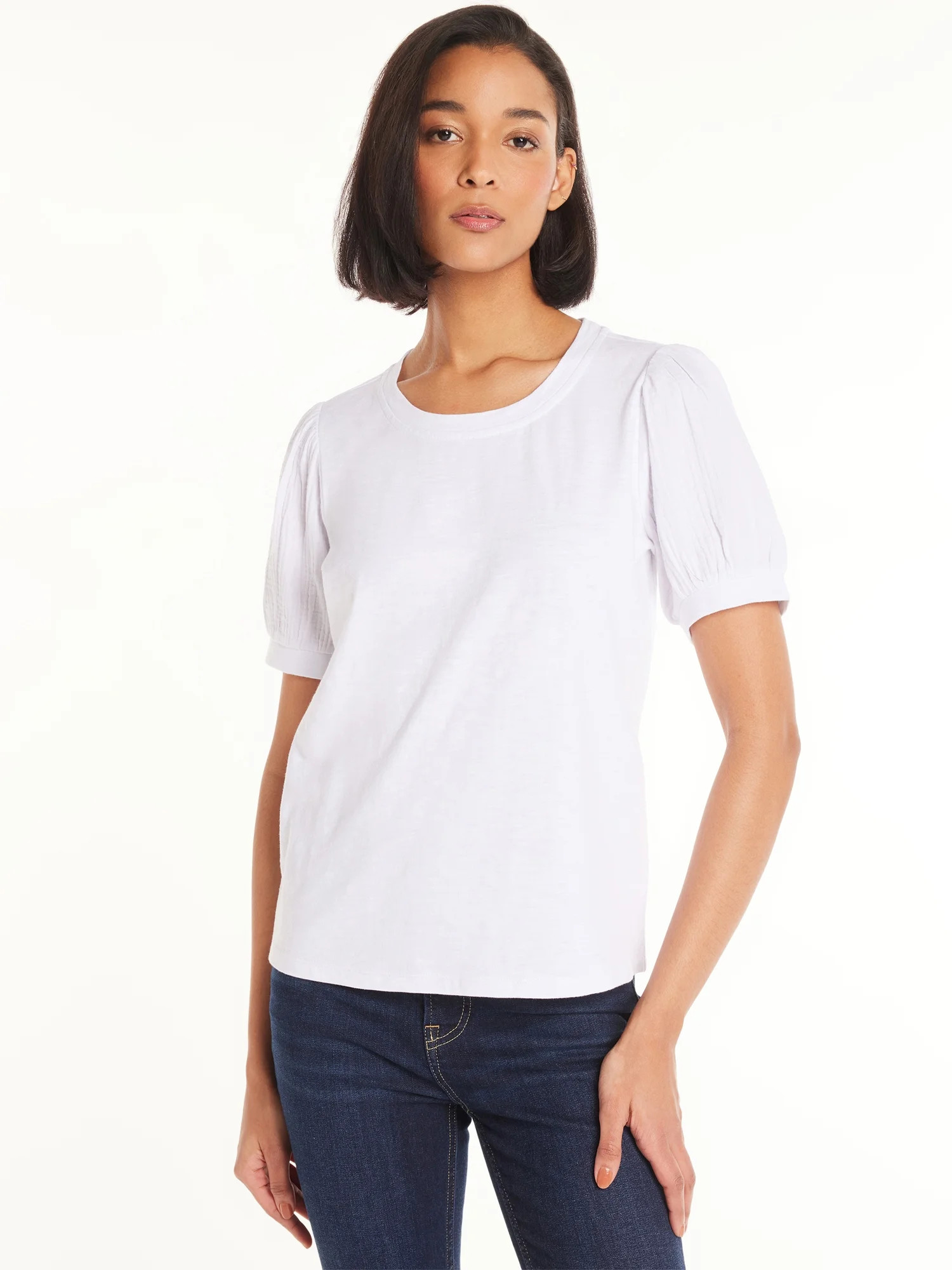 Time and Tru Women's Cotton Top with Puff Sleeves, Sizes XS-XXXL | Walmart (US)