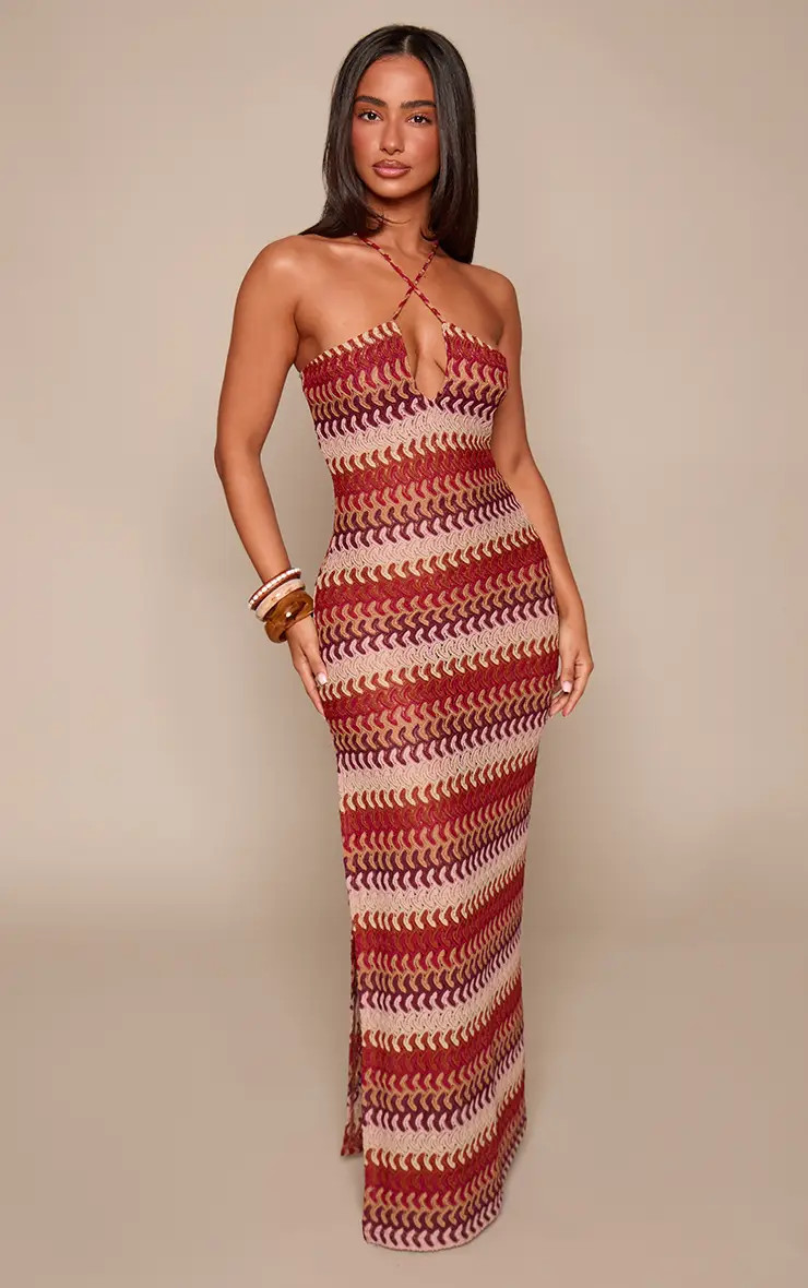 Petite Pink Stripe V Neck Crochet Strappy Maxi Dress | PrettyLittleThing US