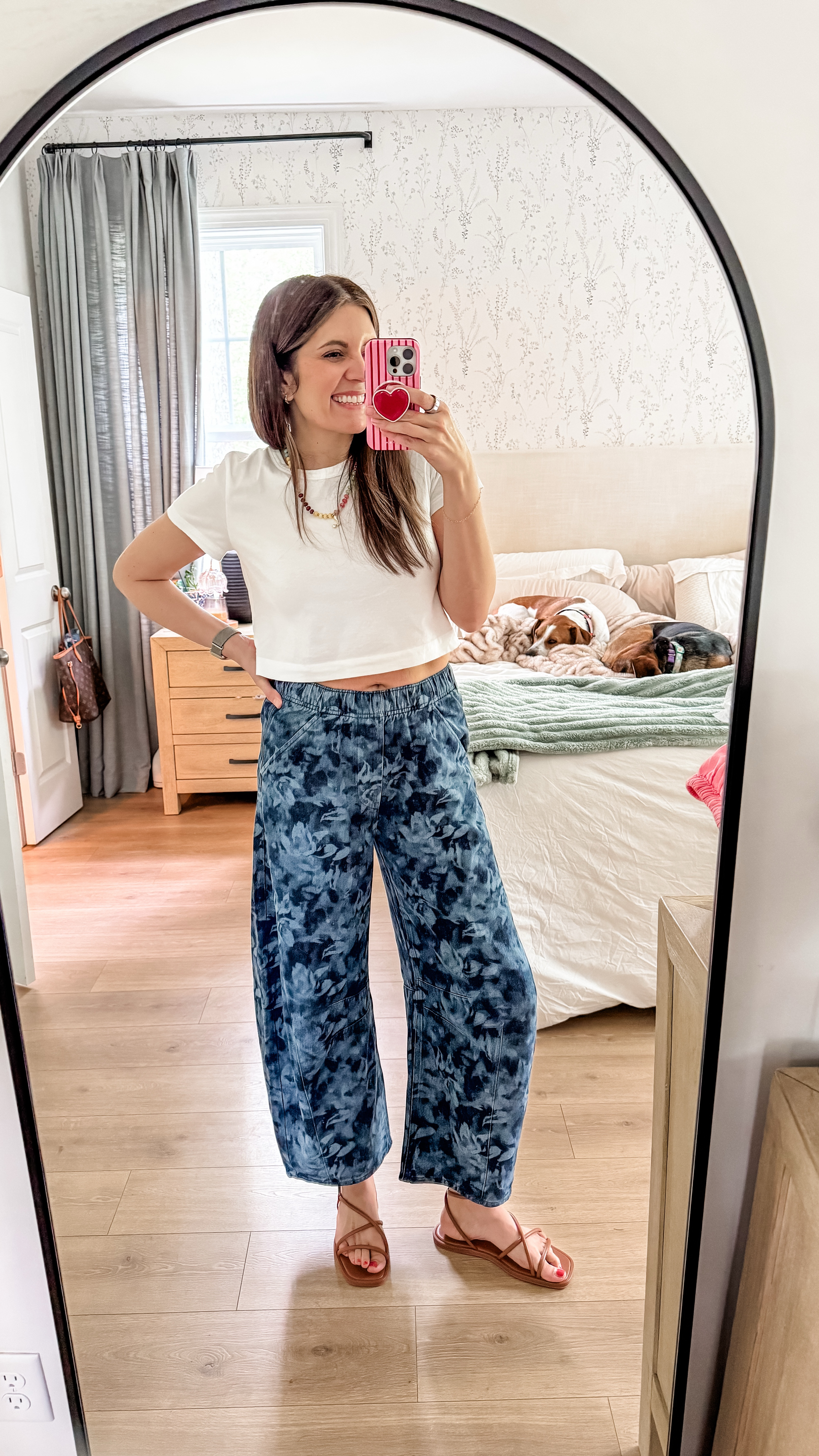 Outfit of the day! Floral print pants (XS) and the best cropped white tee (s)! 