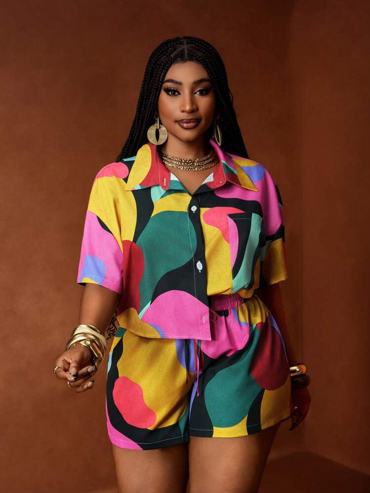 Slaydiva 2pcs Plus Size Women's Color Block Graphic Print Asymmetric Sleeve Deep V Top And Straight Hem Midi Skirt Set, Beach Resort Party Outfit, Spring/Summer 2025 | SHEIN