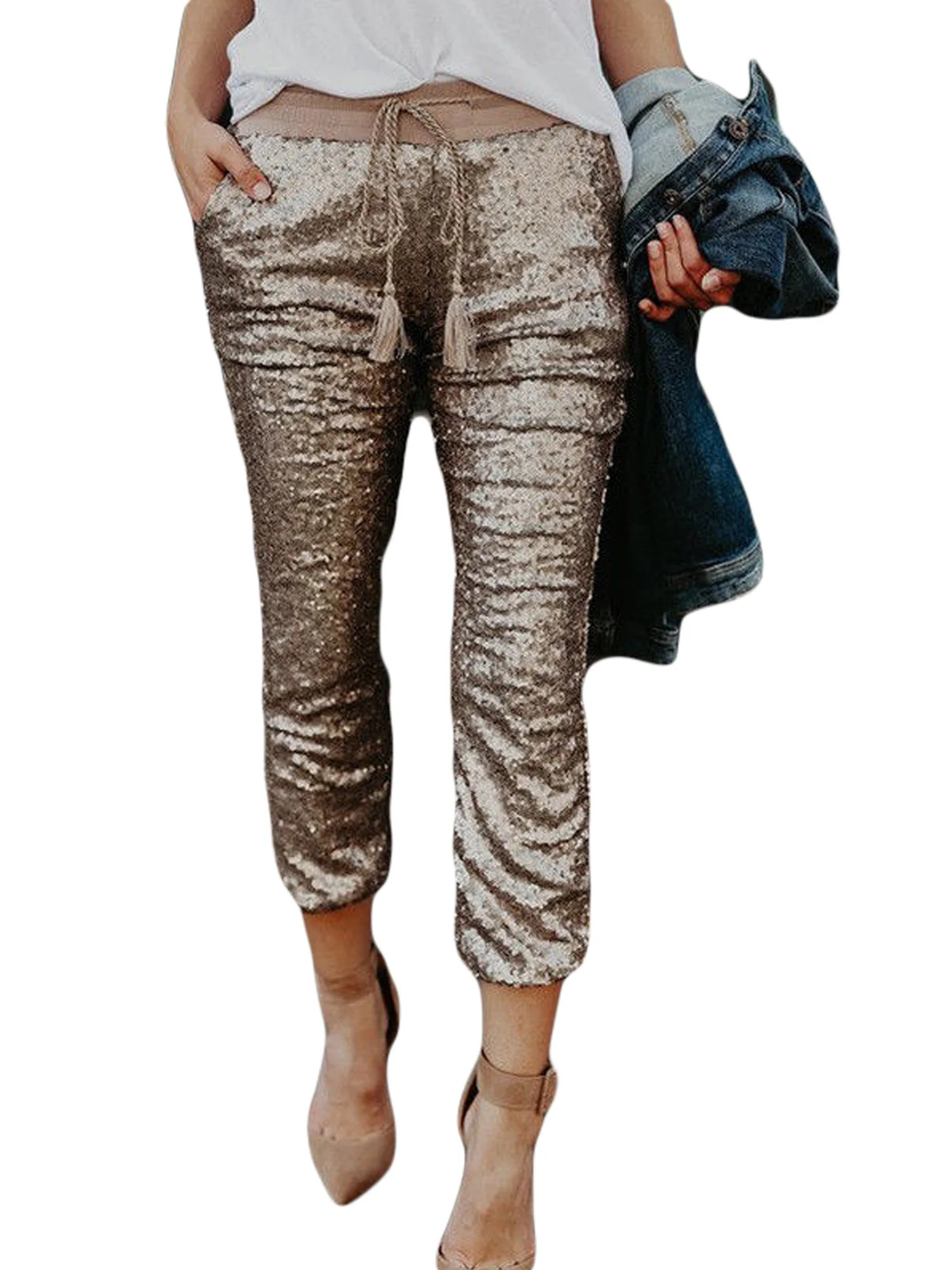 Pudcoco Women High Waist Skinny Pants Sequin Glitter Leggings - Walmart.com | Walmart (US)