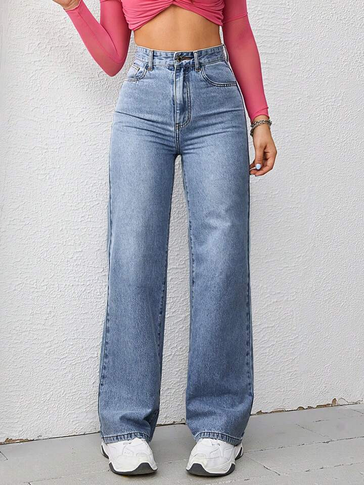 Women Basic Solid Color Button Decoration Denim Pants For Daily Wear | SHEIN