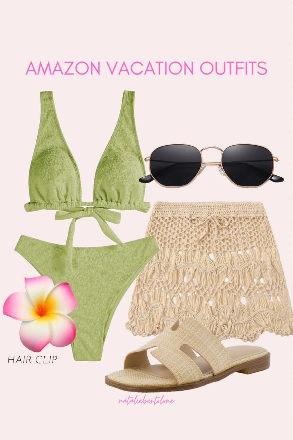 Amazon vacation outfits!!! green bikini, floral hair clip, raffia skirt 

#LTKstyletip #LTKFestival #LTKswim
